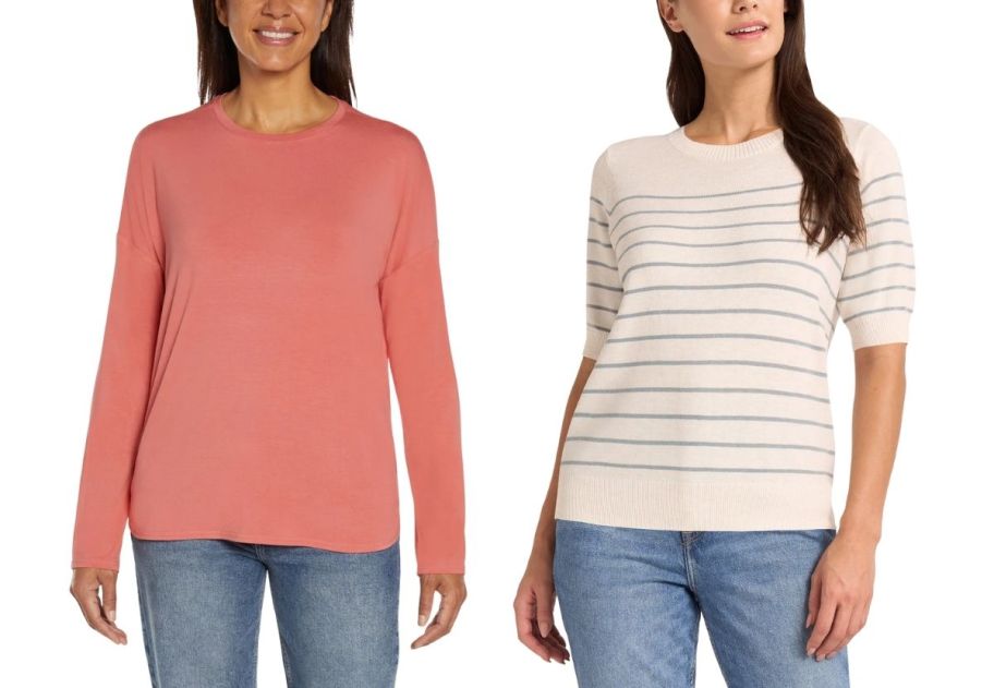 a woman in a long sleeve tee and a short sleeve sweater