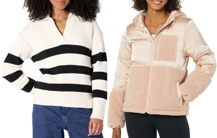 a woman in a striped polo sweater and a woman wear9ng a blush colored sherpa jacket