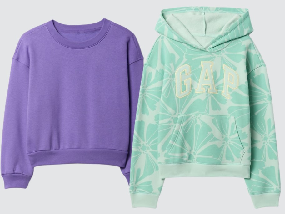 a purple girls sweatshirt and a green leaf girl's Gap logo hoodie