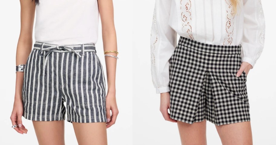 woman wearing striped shorts and a white top and woman wearing a gingham skort and white top