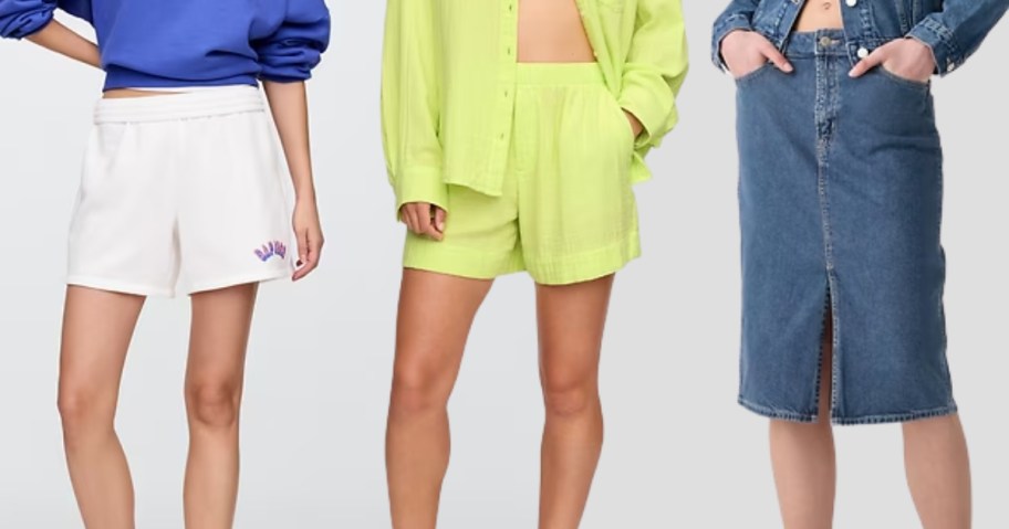 2 women wearing shorts and a woman wearing a jean skirt