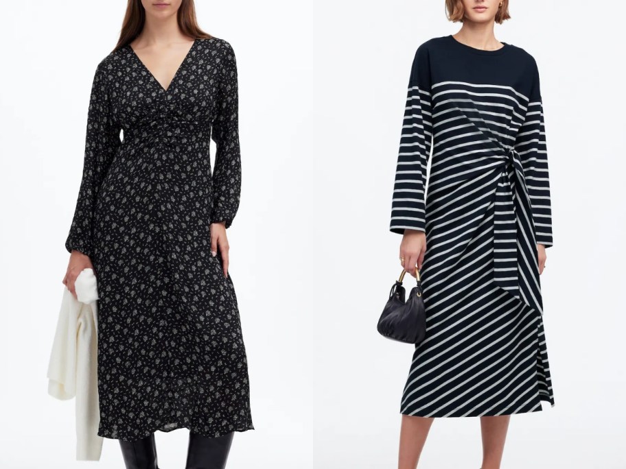 two women wearing long sleeve dresses