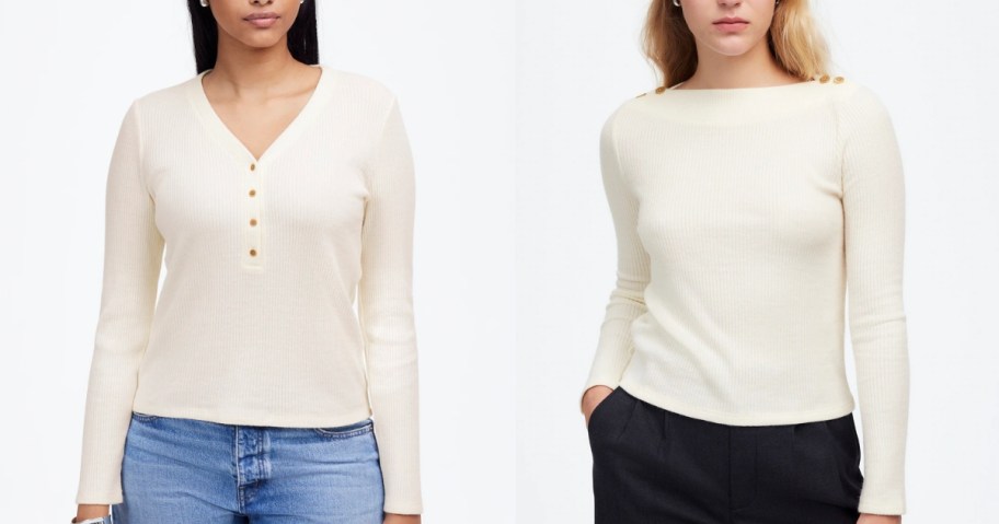 two women wearing cream color tops and jeans