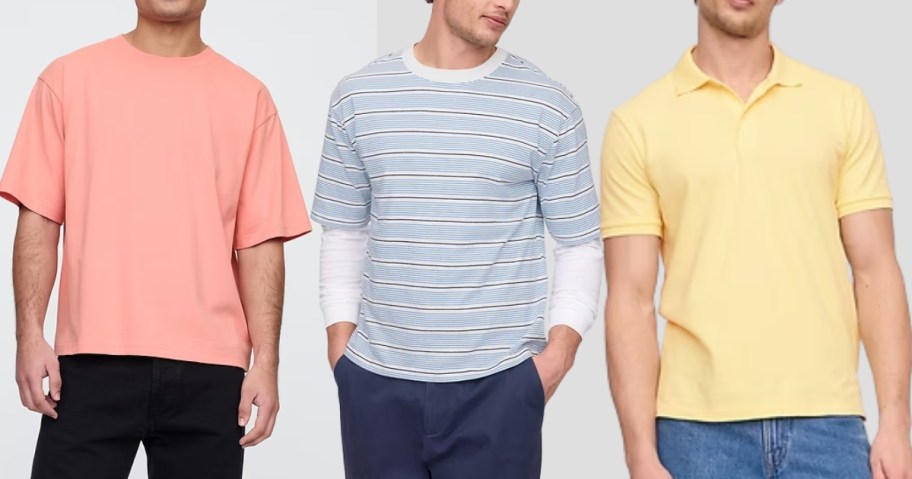 3 men wearing different style tops