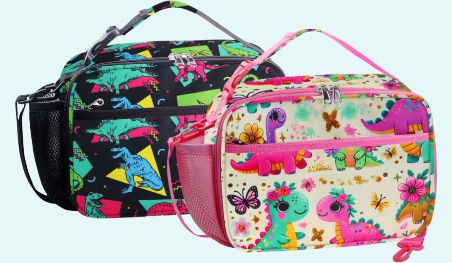 two lunch bags in fun graphic prints