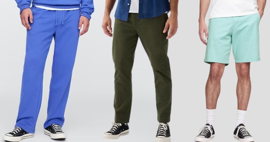 man wearing blue joggers, man wearing green jeans, man wearing light blue shorts