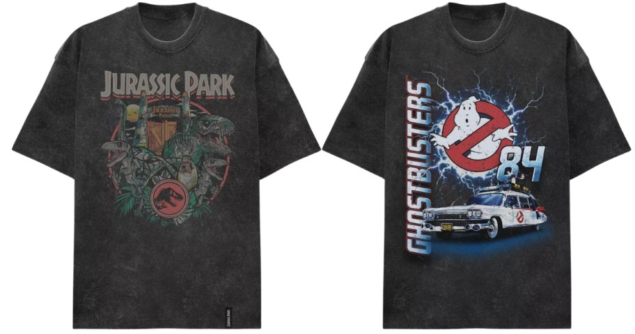 a Jurassic Park graphic tee and a Ghostbusters graphic tee