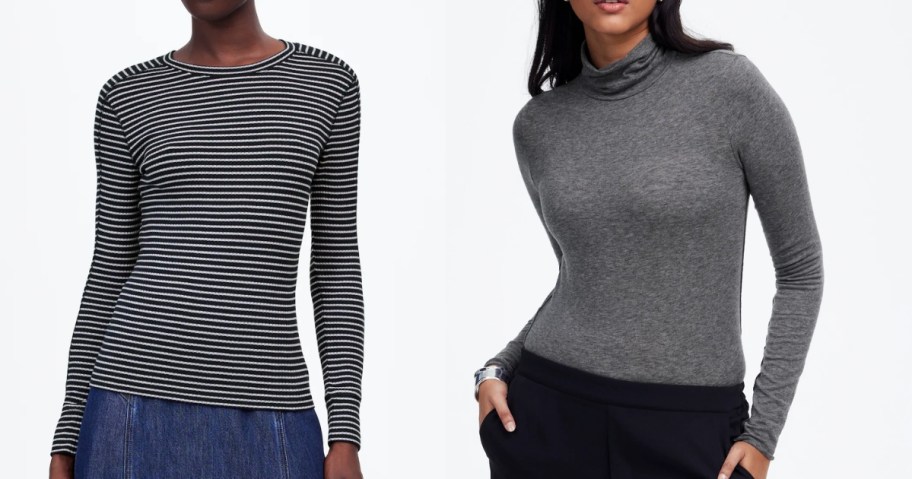 woman wearing a striped long sleeve tee and woman wearing a grey turtleneck sweater