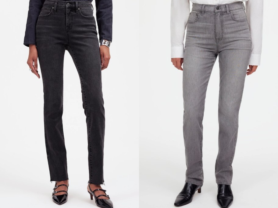 lower half of 2 women wearing different color jeans