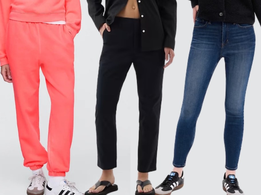 woman wearing joggers, woman wearing black pants, and woman wearing jeans