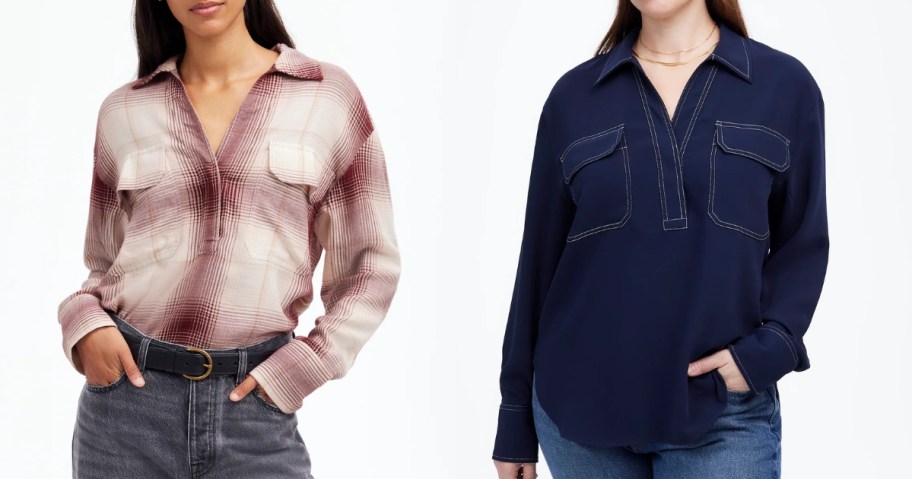 woman wearing a pink plaid shirt and jeans and woman wearing a dark blue shirt and jeans