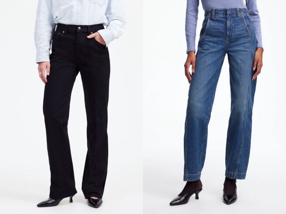 lower half of 2 women wearing different color jeans
