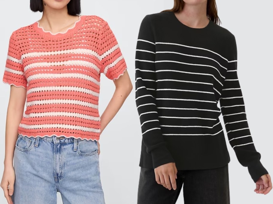 2 women wearing different striped sweaters