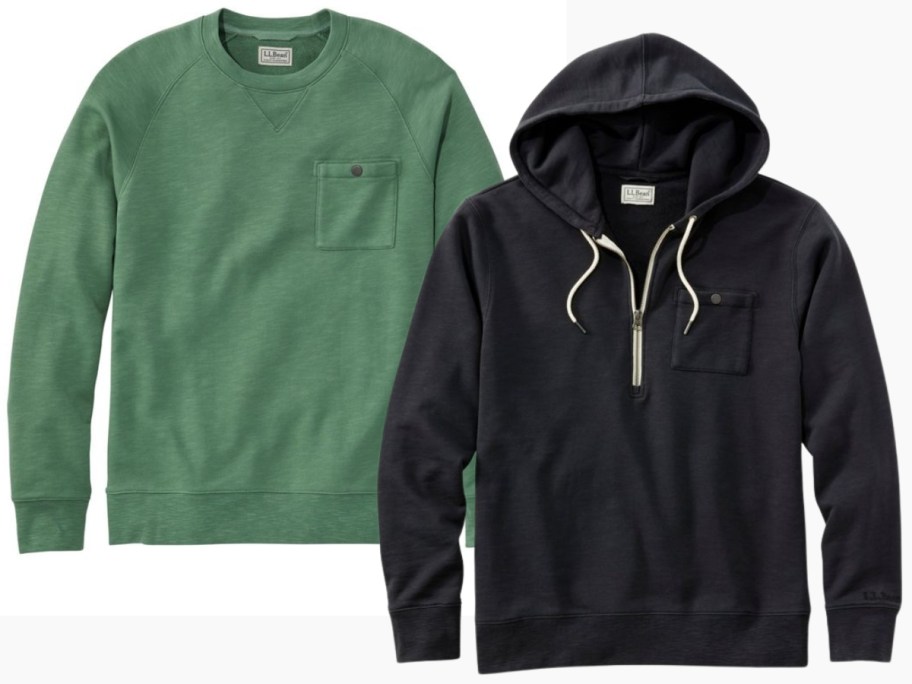 a green long sleeve shirt and a black hooded sweatshirt