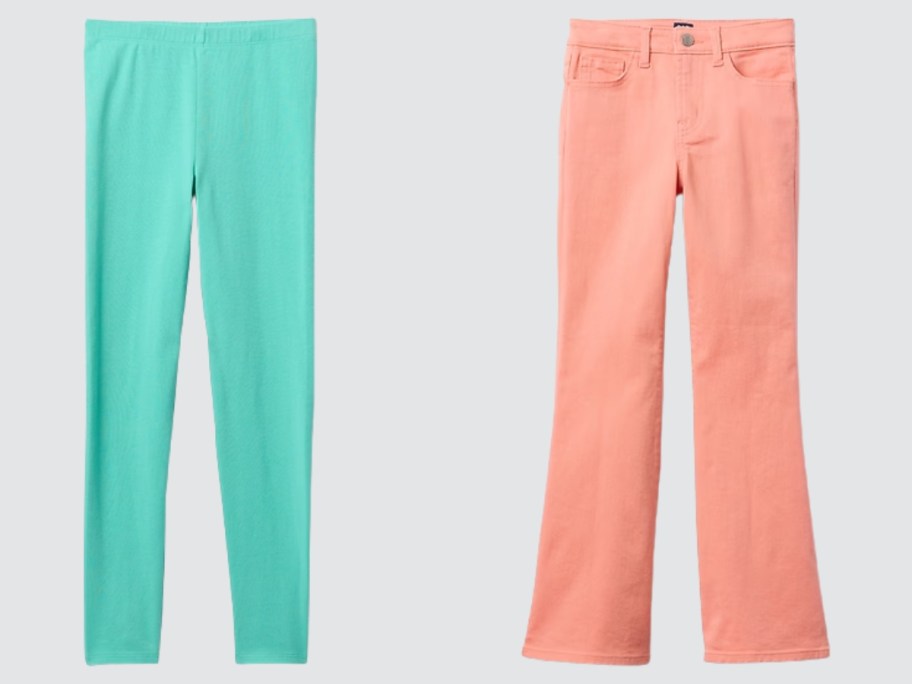 girls green leggings and orange jeans