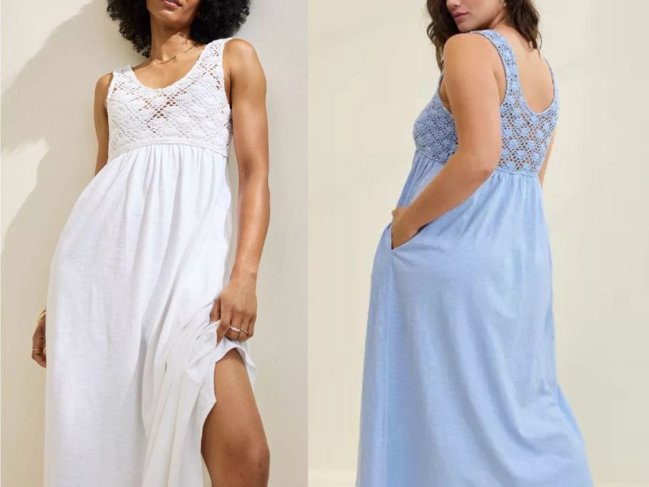 A woman wearing a white crochet dress and a wman in a blue one