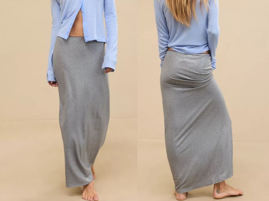 A woman in a long maxi skirt