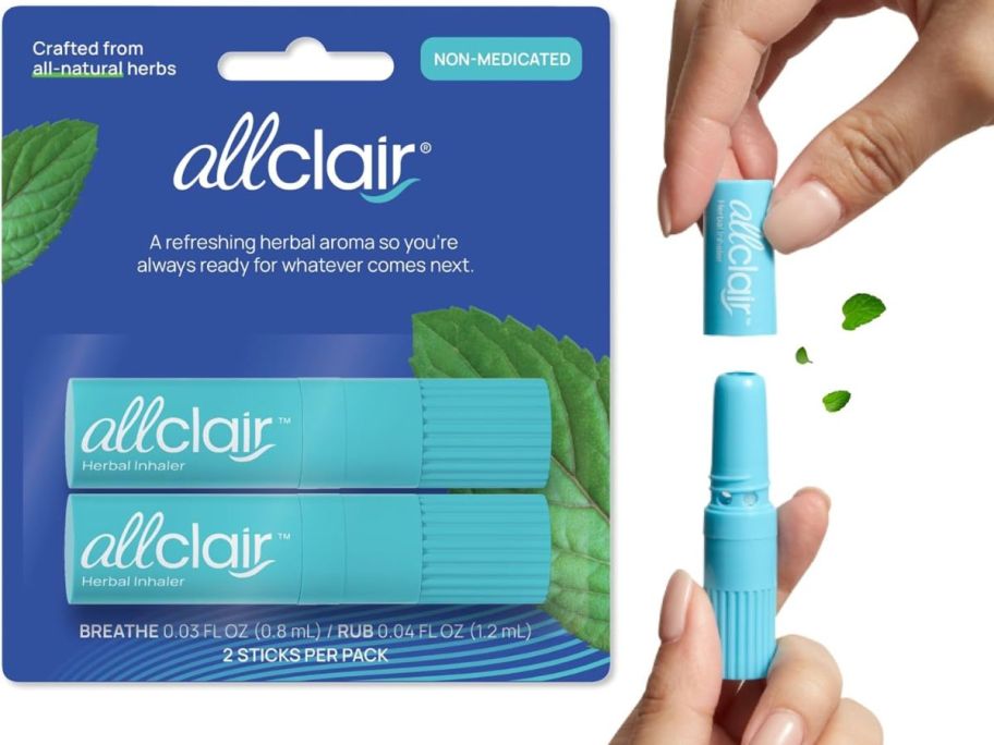 Stock images of a 2-pack of Allclair sticks with a hand opening one next to it