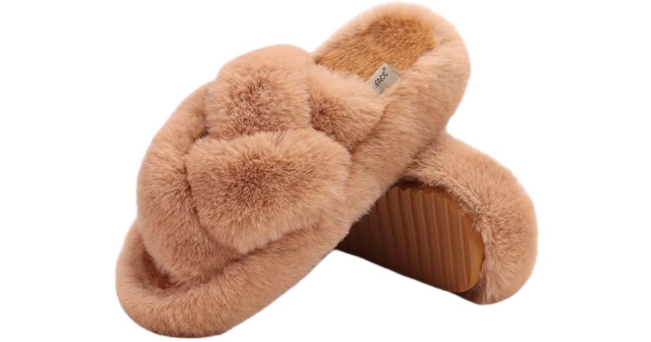 stock photo of brown criss cross slippers