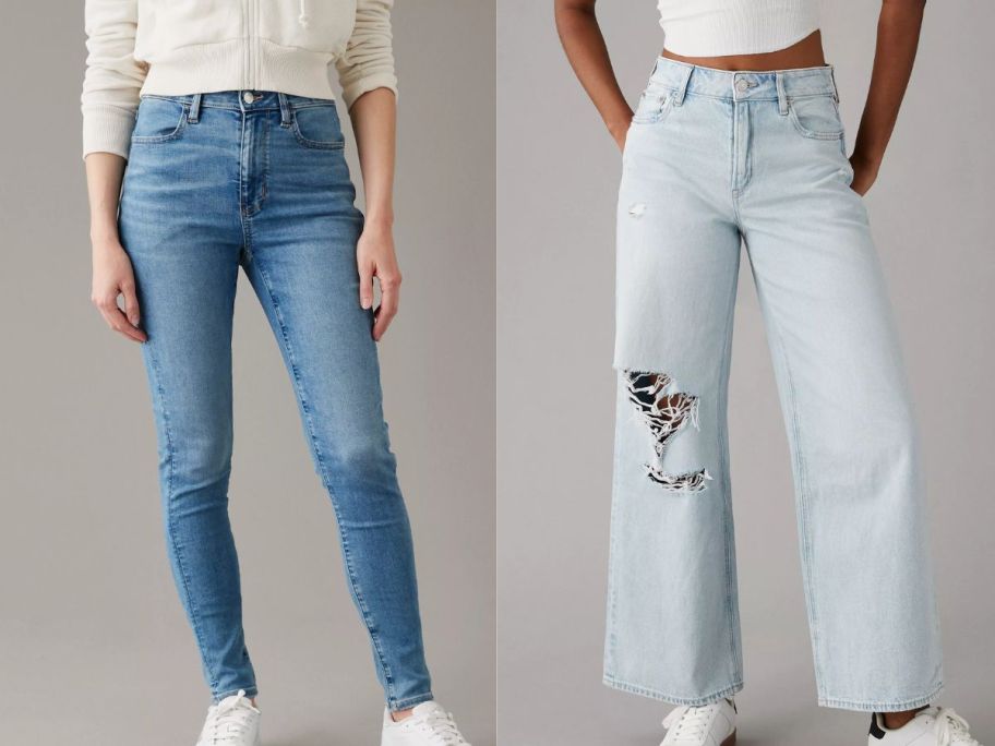 Woman wearing skinny american eagle jeans next to a woman wearing flared American eagle jeans
