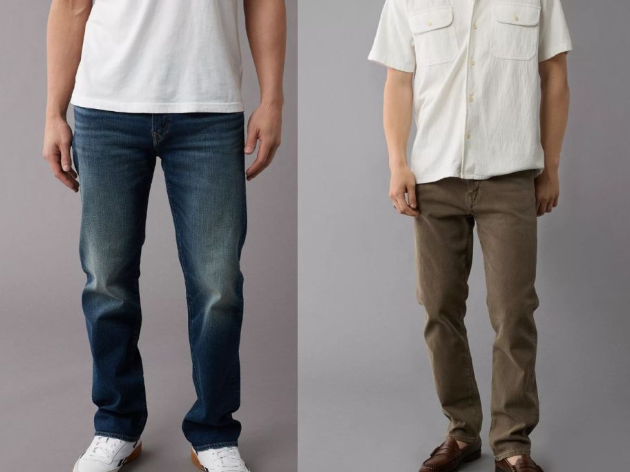 men wearing american eagle dark blue jeans and a brown shade