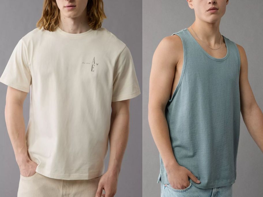 men wearing American eagle short less and no sleeve tops 