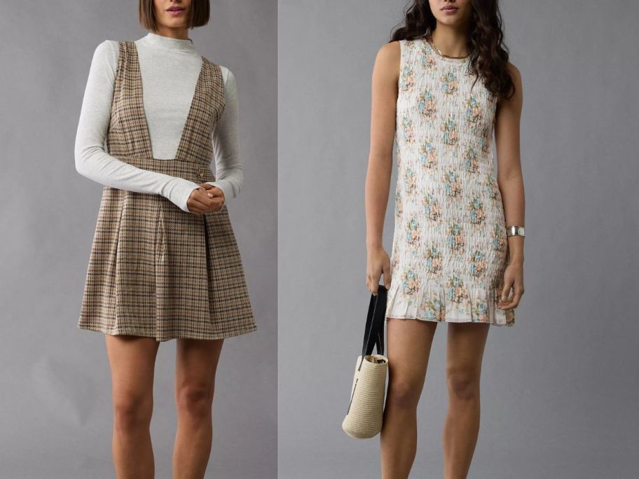 woman wearing a paid dress next to a woman wearing a floral dress