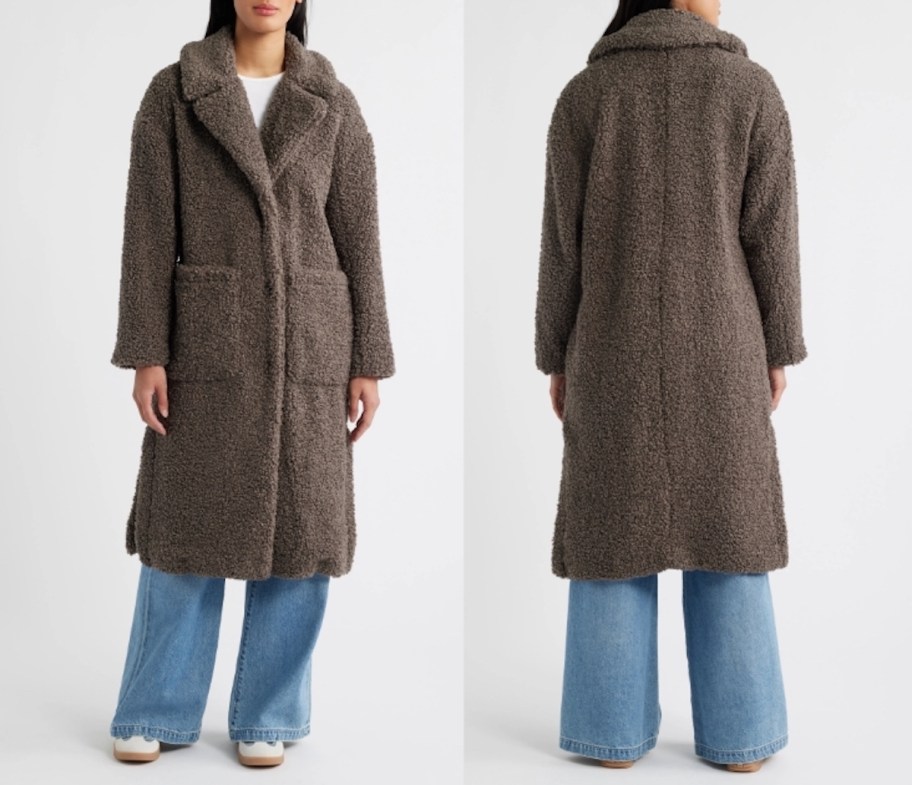 stock photo of women modeling shearling long coat