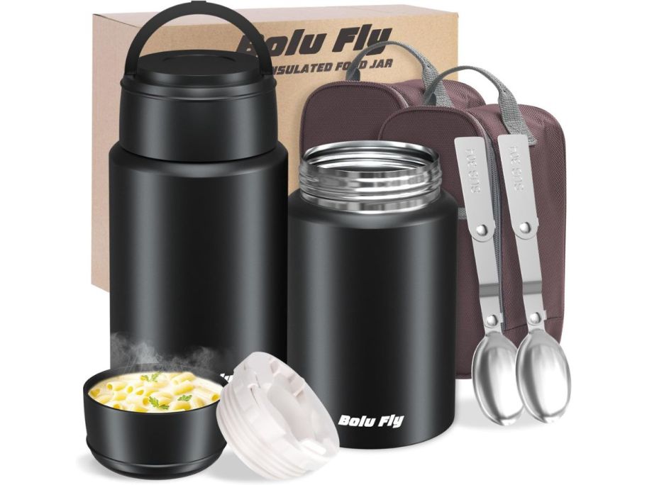 A black thermos set with 2 canisters and 2 spoons
