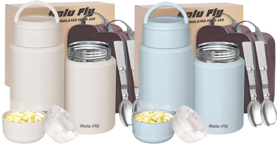 A white and blue thermos set with 2 canisters and 2 spoons each