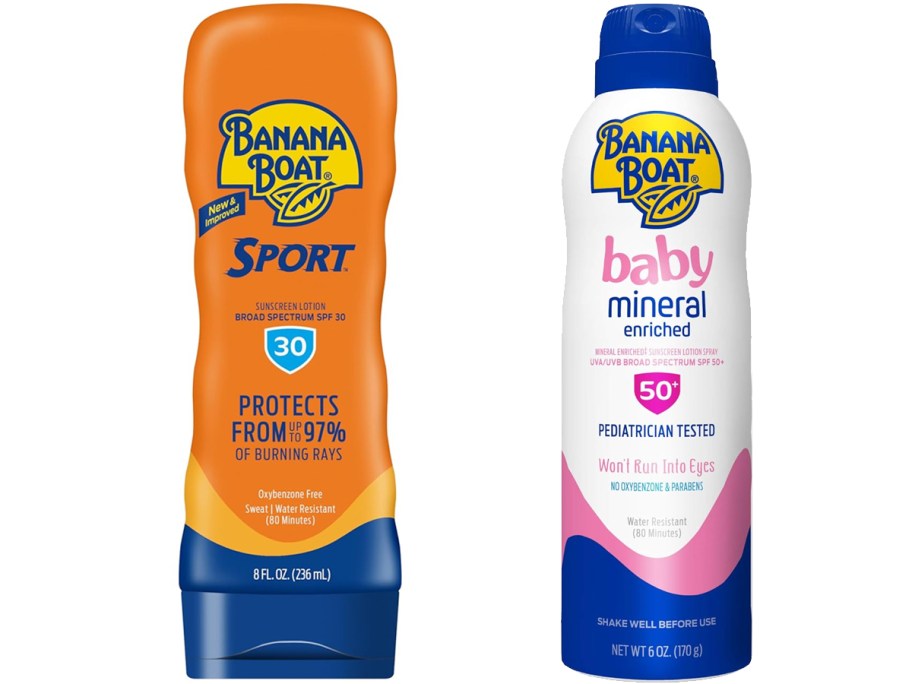 orange bottle and white can of Banana Boat Sunscreens