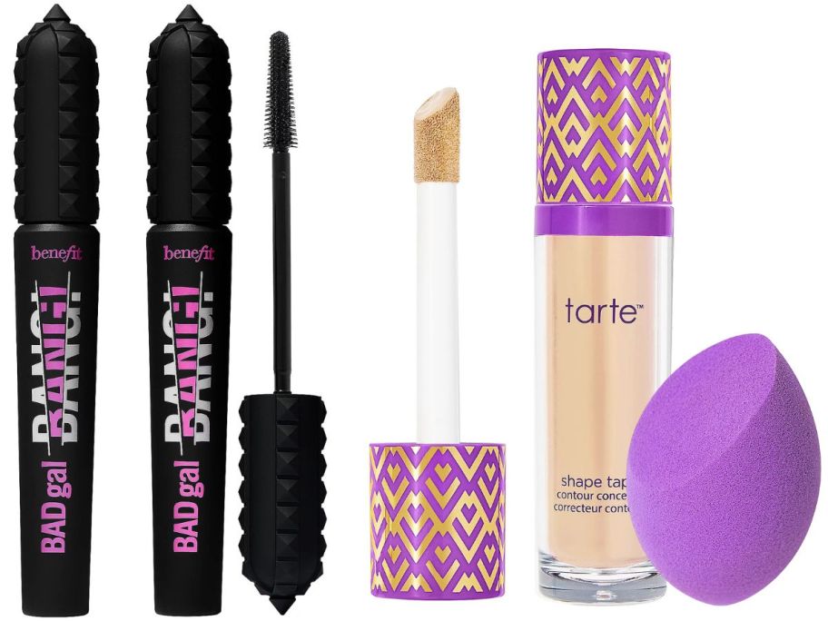 2 black mascara tubes and a tarte concealer stick with purple sponge
