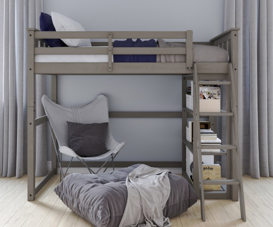 a gray twin sized loft bed