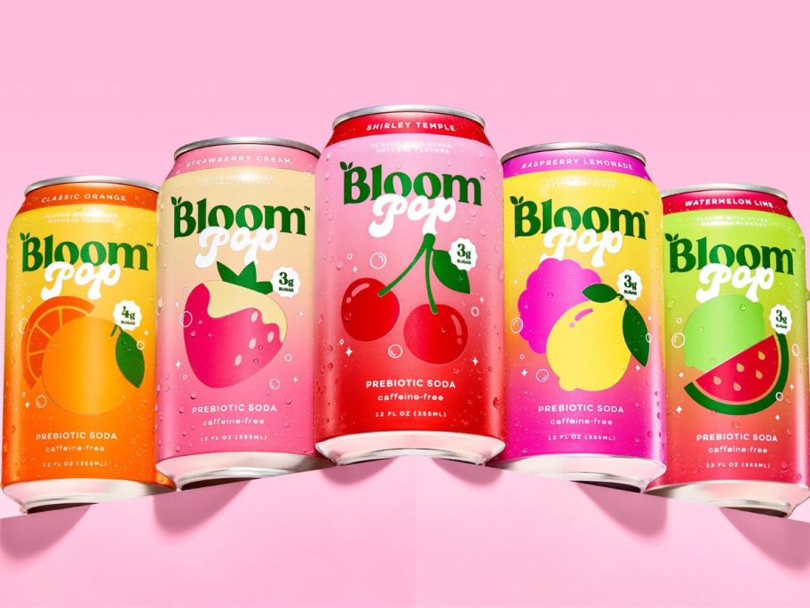 5 cans of Bloom Pop Prebiotic Soda in all the current flavors