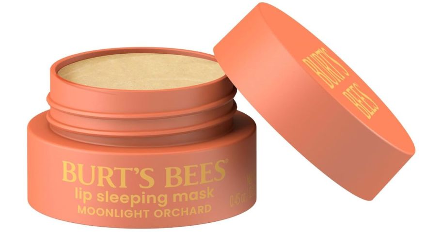 A pink canister of Burt’s Bees Moonlight Orchard Lip Sleeping Mask