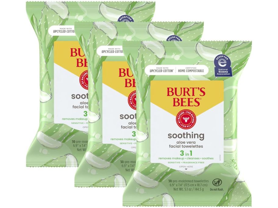 3 packs of Burt's Bees Soothing Wipes in green packages