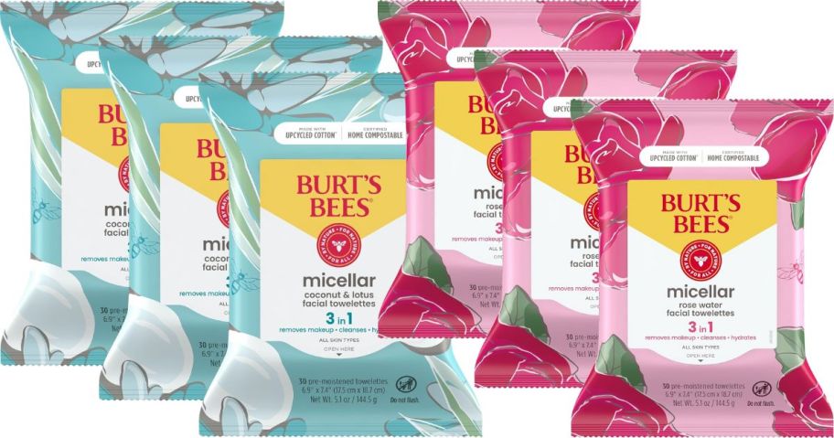 6 packs of Burt's Bees wipes in blue and pink packages
