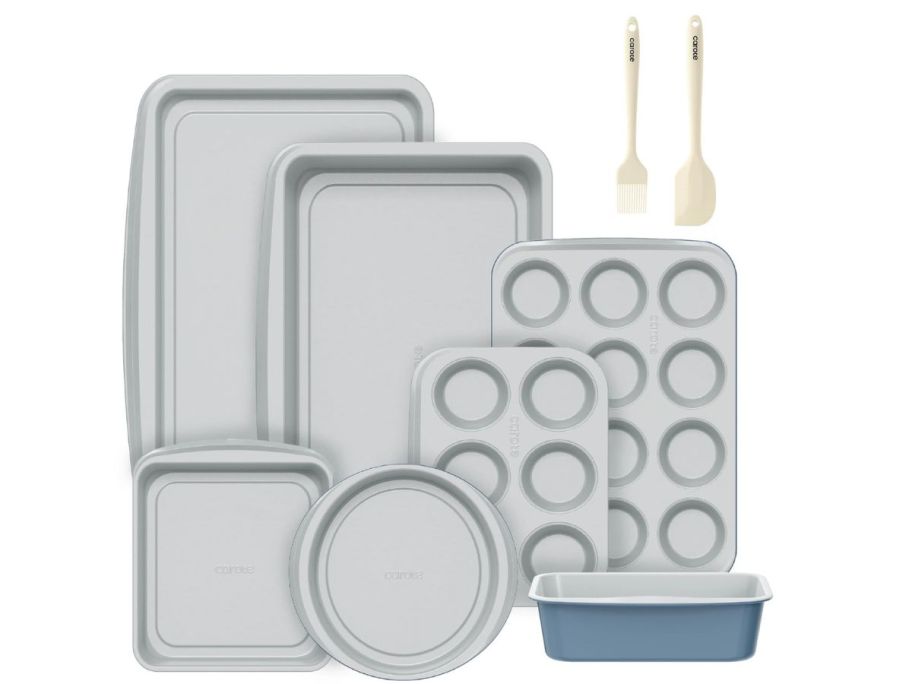 Stock photo of a 9-piece baking set with cookie sheets, muffin tins, and cake pans