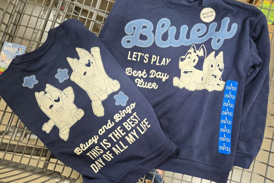 two bluey kids sweatshirts in shopping cart