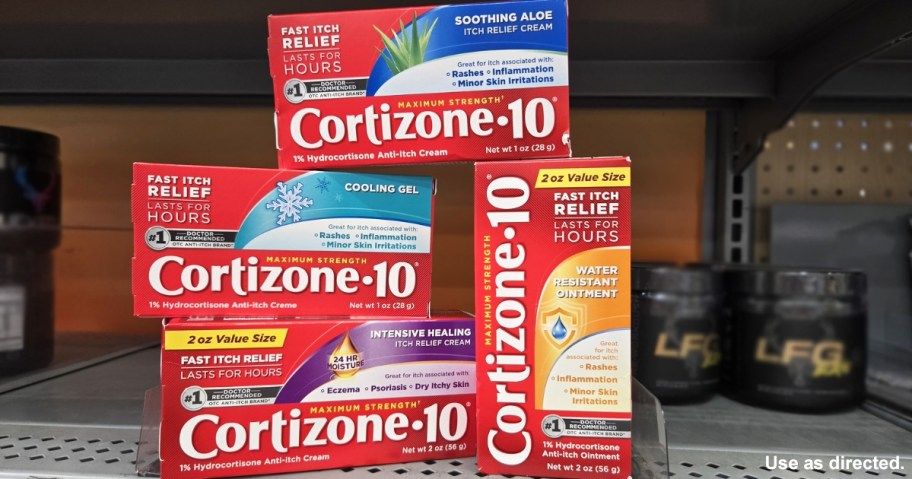 four boxes of corizone 10 itch relief products on store shelf