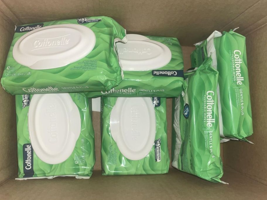 A box of Cottonelle 42-Count GentlePlus Wet Wipes