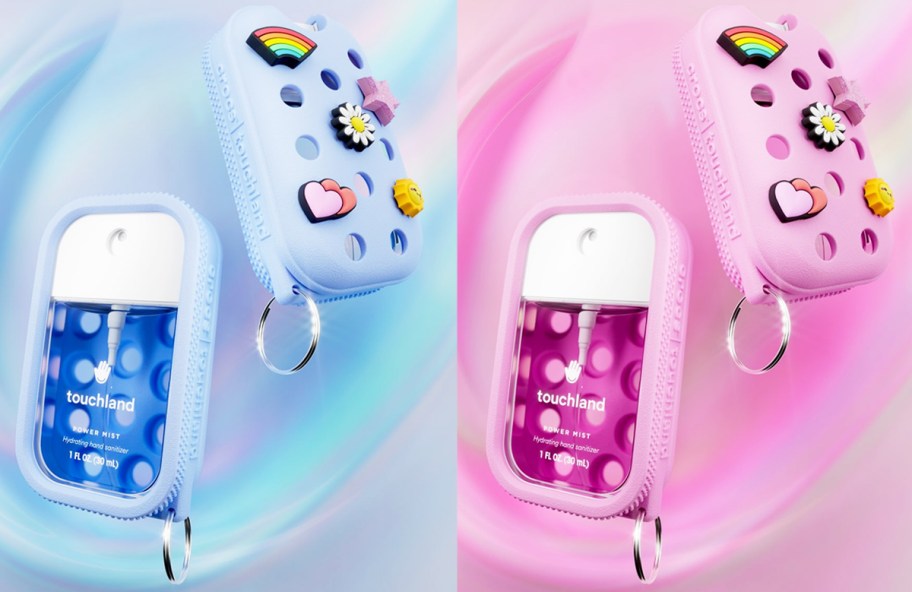 front and back views of blue and pink Crocs Touchland cases