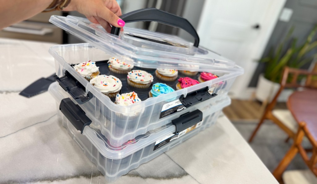 plastic Cupcake Carrier on counter filled with colorful cupcakes