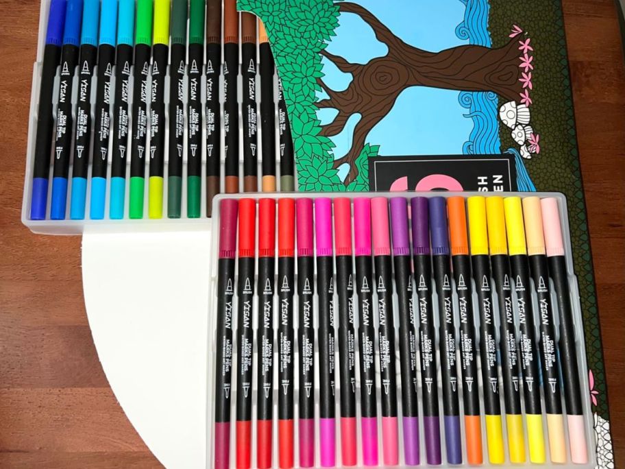 two cases of double sided pens on top of a table 