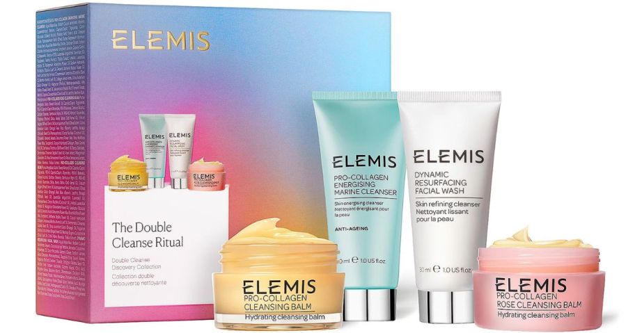 Several ELEMIS cosmetics products with a matching box