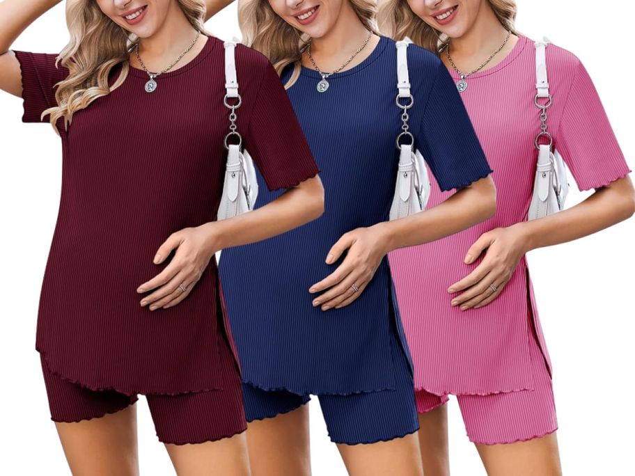 3 women wearing various colors of maternity pajamas