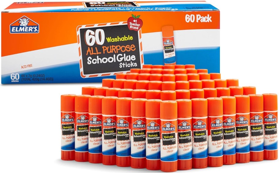 a box of Elmer's All Purpose School Glue Sticks with 60 of the individual sticks in front of it