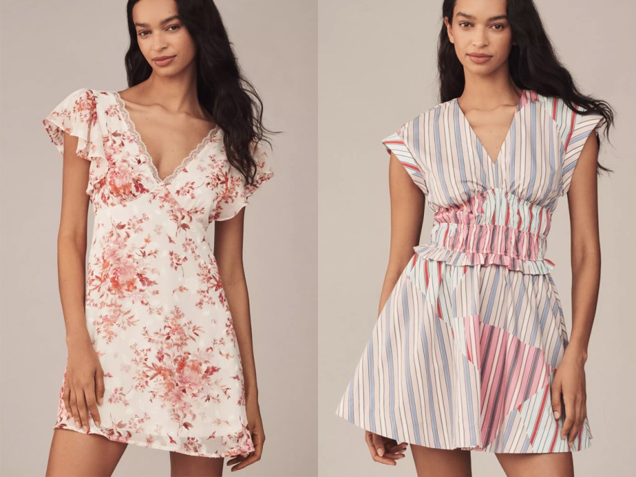Models wearing the En Elly Lace-Trim Mini Slip Dress and By Anthropologie Cap-Sleeve V-Neck A-Line Mini Dress