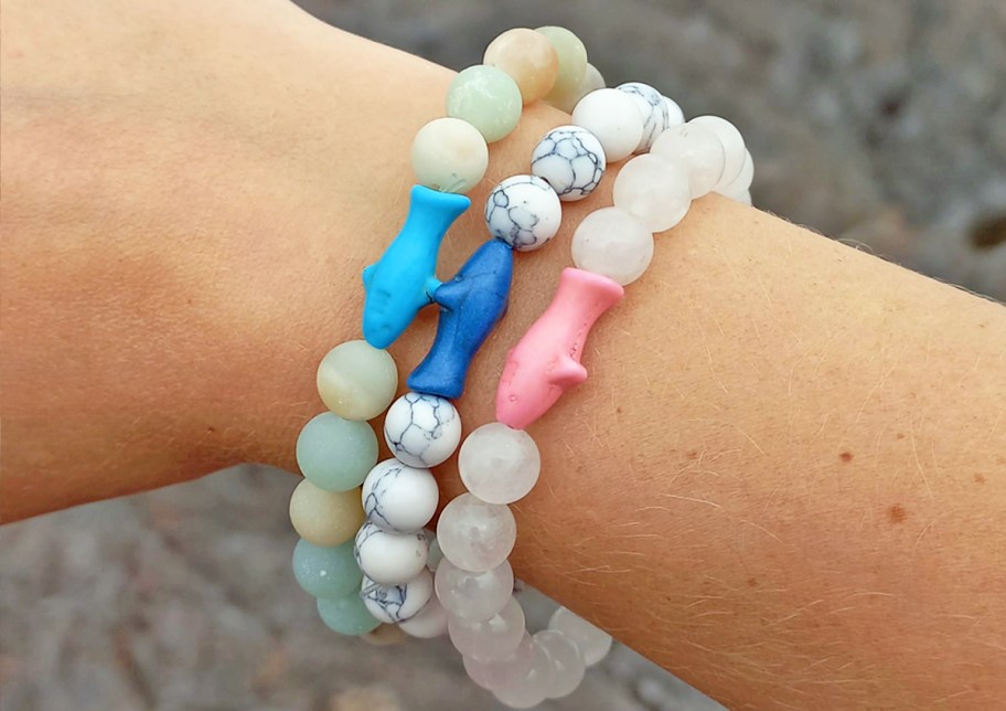 3 shark bracelets on a wrist