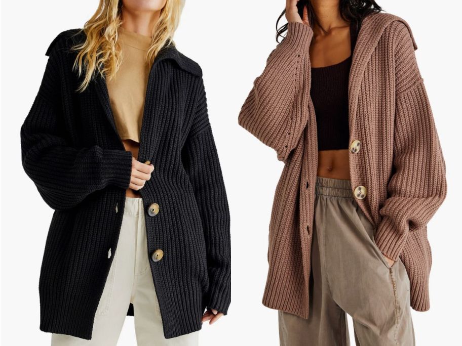 2 women wearing long cardigans